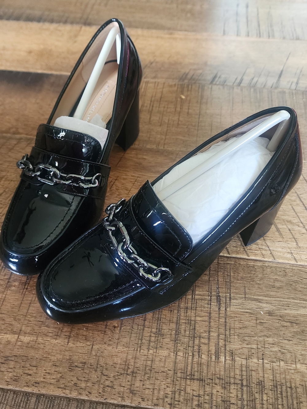 Black Patent Chain-Trim Block Heel Loafers - Women Size 6.5